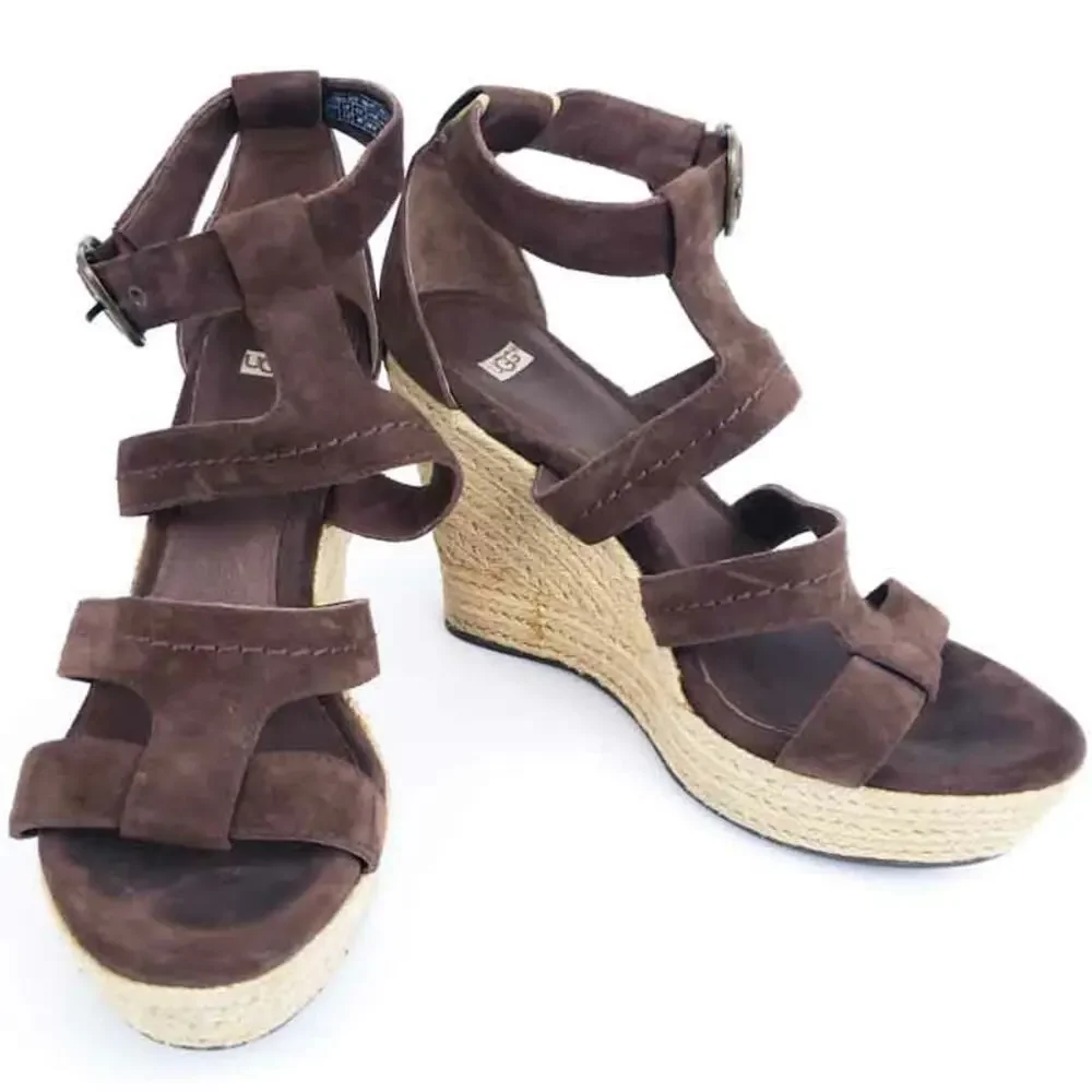 UGG Australia Brown Suede Wedges Lauri US 9 Festival Boho Platform Open Toe Shoe